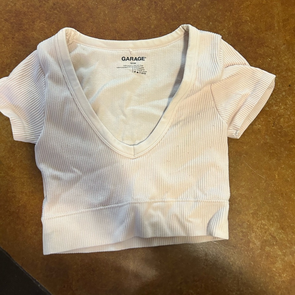 Garage Light Pink Ribbed V-Neck Crop Top